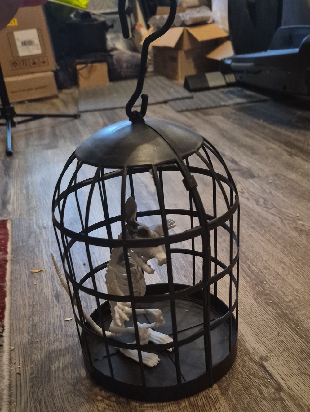 Black Plastic Hanging Cage with Skeleton Accent Rat - Spooky Home Decor